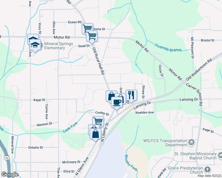 map of restaurants, bars, coffee shops, grocery stores, and more near 4507 Old Rural Hall Road in Winston-Salem