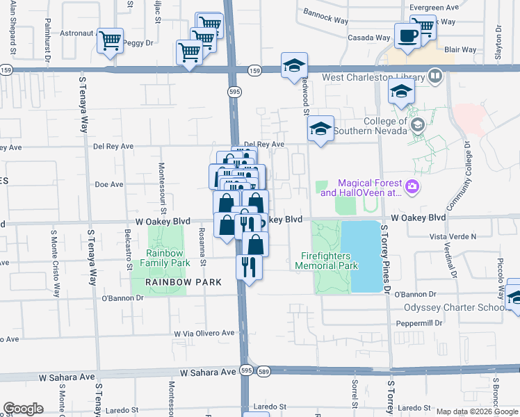 map of restaurants, bars, coffee shops, grocery stores, and more near 1620 Davilla in Las Vegas