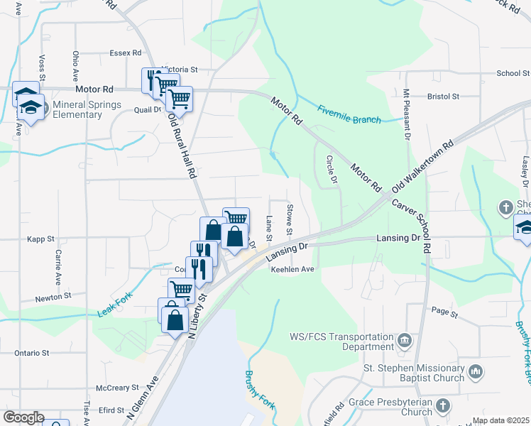 map of restaurants, bars, coffee shops, grocery stores, and more near 4450 Lane Street in Winston-Salem