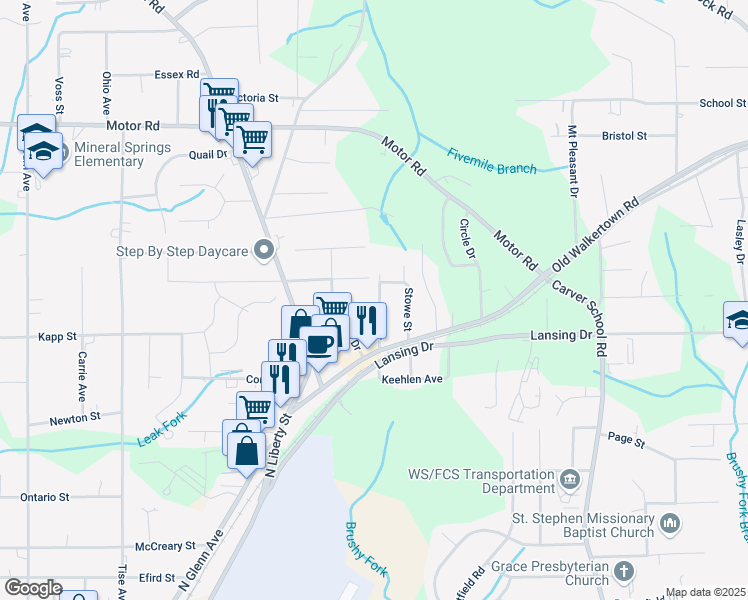 map of restaurants, bars, coffee shops, grocery stores, and more near 4450 Lane Street in Winston-Salem