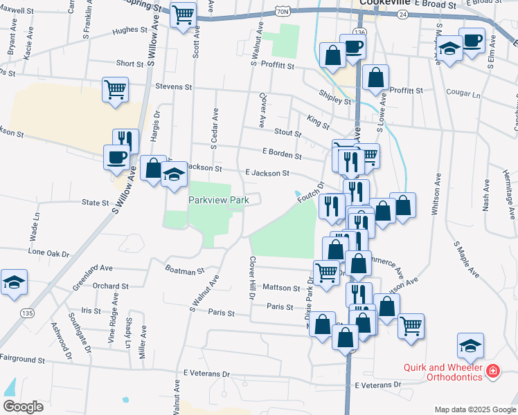 map of restaurants, bars, coffee shops, grocery stores, and more near 585 Foutch Drive in Cookeville