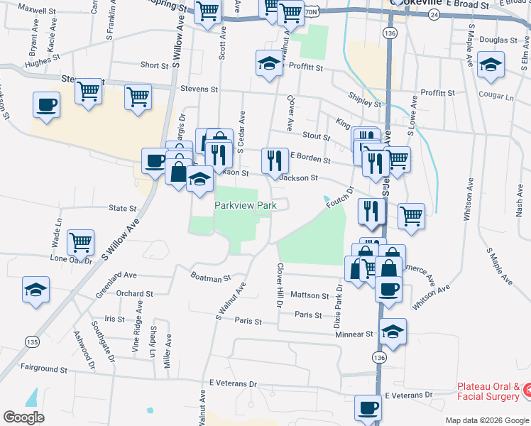 map of restaurants, bars, coffee shops, grocery stores, and more near 539 S Walnut Ave in Cookeville