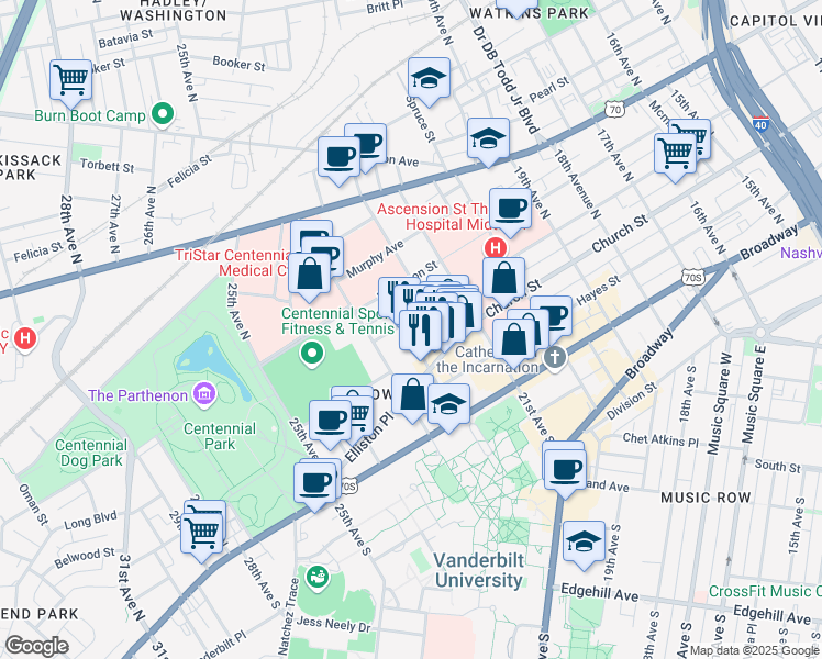 map of restaurants, bars, coffee shops, grocery stores, and more near 207 Louise Avenue in Nashville