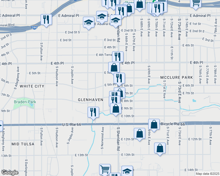map of restaurants, bars, coffee shops, grocery stores, and more near 6327 East 7th Street in Tulsa