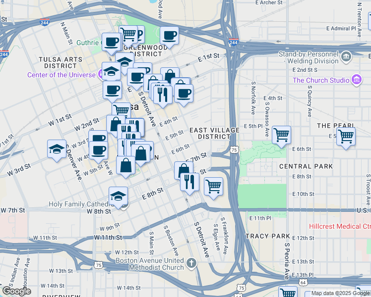 map of restaurants, bars, coffee shops, grocery stores, and more near 606 South Elgin Avenue in Tulsa