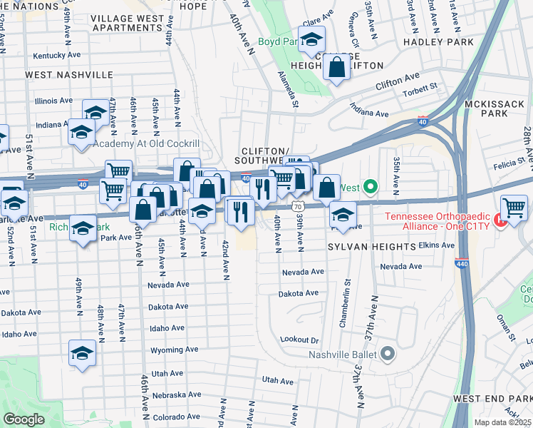 map of restaurants, bars, coffee shops, grocery stores, and more near 610 Sylvan Heights Way in Nashville