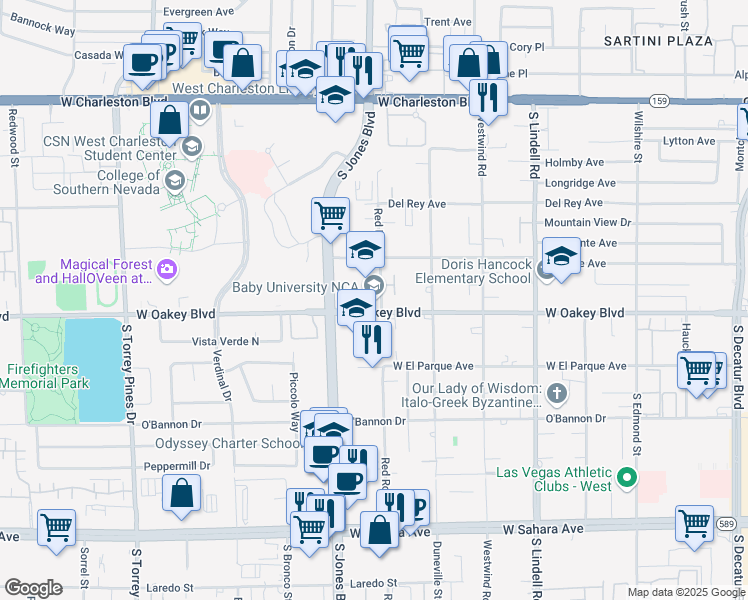 map of restaurants, bars, coffee shops, grocery stores, and more near 6000 West Oakey Boulevard in Las Vegas