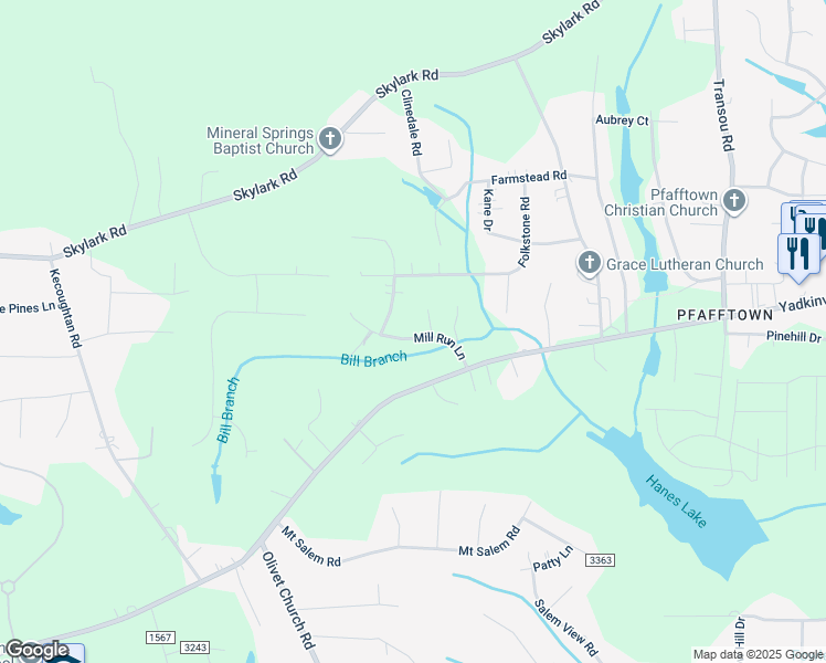 map of restaurants, bars, coffee shops, grocery stores, and more near 3425 Mill Run Lane in Pfafftown
