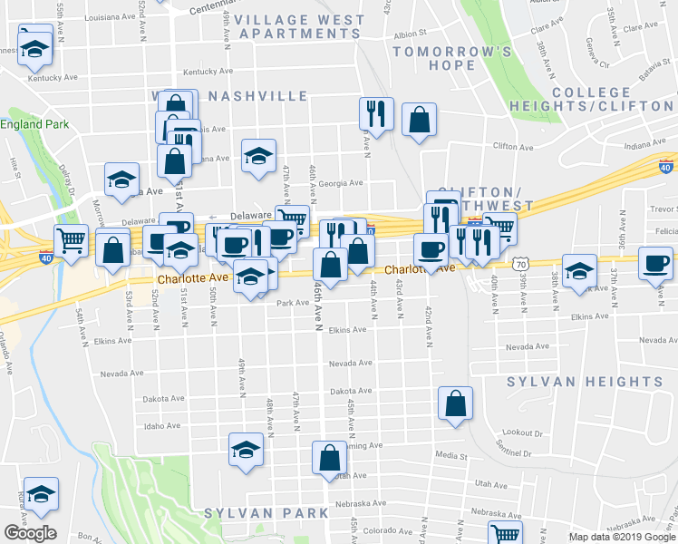 map of restaurants, bars, coffee shops, grocery stores, and more near 4501 Charlotte Avenue in Nashville