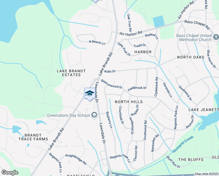 map of restaurants, bars, coffee shops, grocery stores, and more near 5400 Bayberry Lane in Greensboro