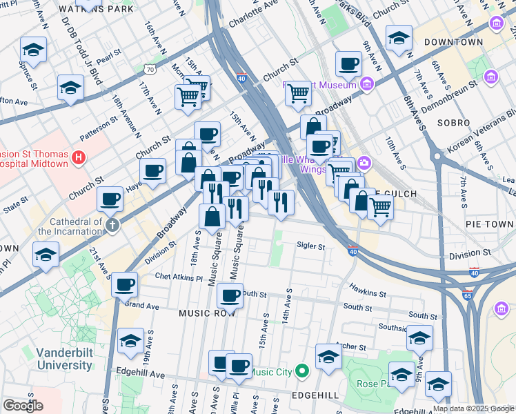 map of restaurants, bars, coffee shops, grocery stores, and more near 1515 Demonbreun Street in Nashville