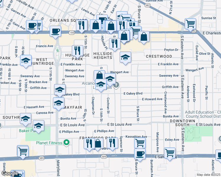 map of restaurants, bars, coffee shops, grocery stores, and more near 1600 East Oakey Boulevard in Las Vegas