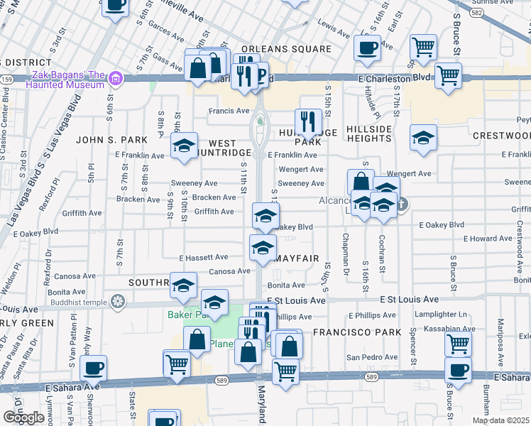 map of restaurants, bars, coffee shops, grocery stores, and more near 1601 South Maryland Parkway in Las Vegas