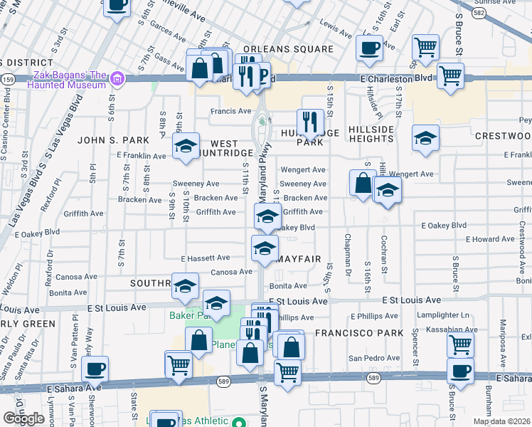 map of restaurants, bars, coffee shops, grocery stores, and more near 1100 East Oakey Boulevard in Las Vegas