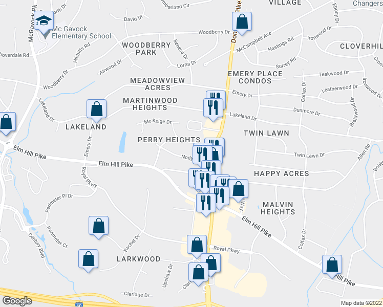 map of restaurants, bars, coffee shops, grocery stores, and more near 2724 Nodyne Drive in Nashville