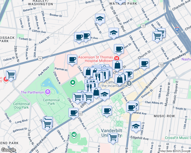 map of restaurants, bars, coffee shops, grocery stores, and more near 207 Louise Avenue in Nashville