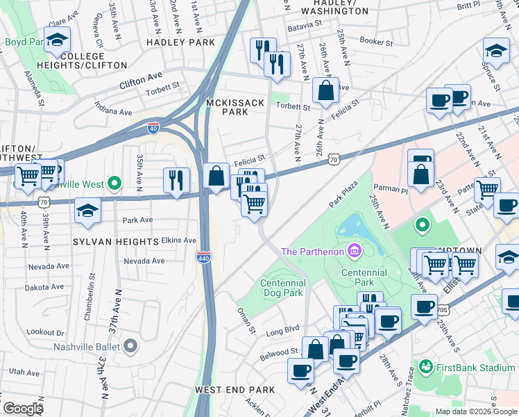 map of restaurants, bars, coffee shops, grocery stores, and more near 4 City Boulevard in Nashville