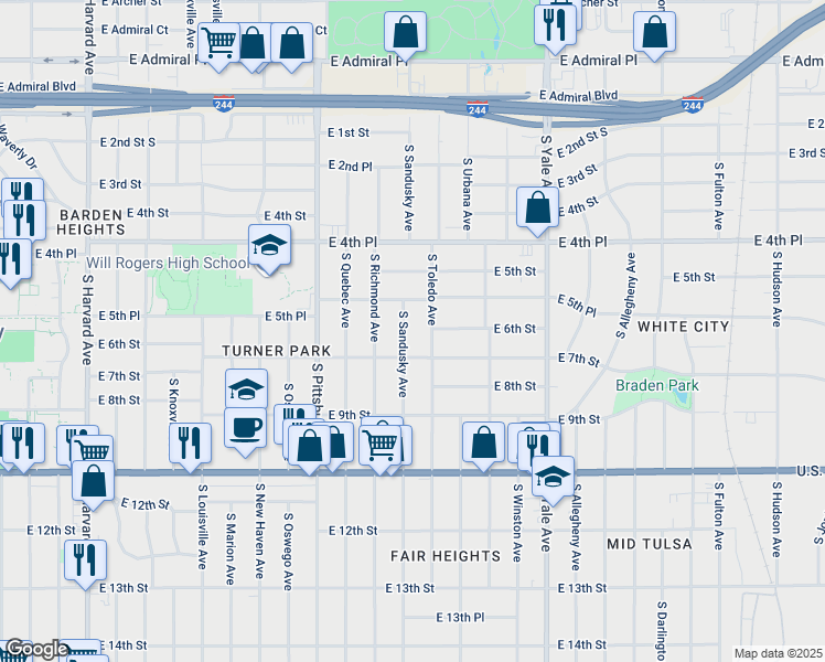 map of restaurants, bars, coffee shops, grocery stores, and more near 500 South Sandusky Avenue in Tulsa
