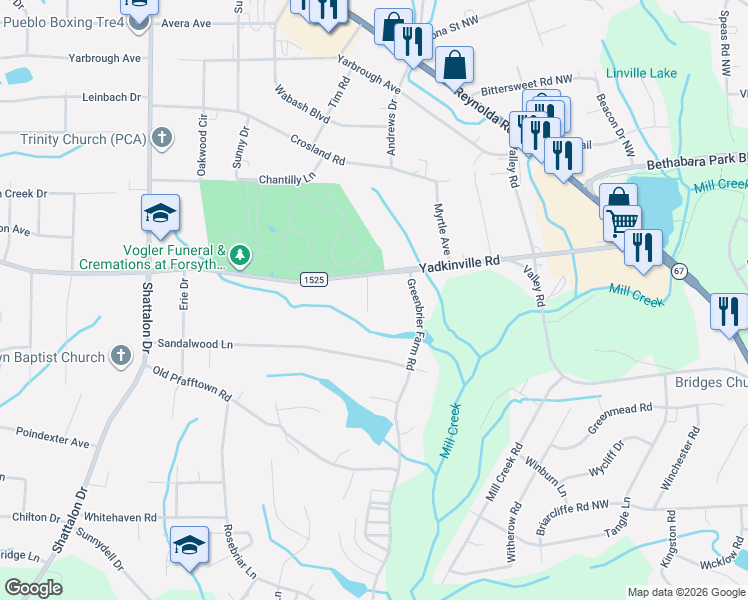 map of restaurants, bars, coffee shops, grocery stores, and more near 3708 Yadkinville Road in Winston-Salem