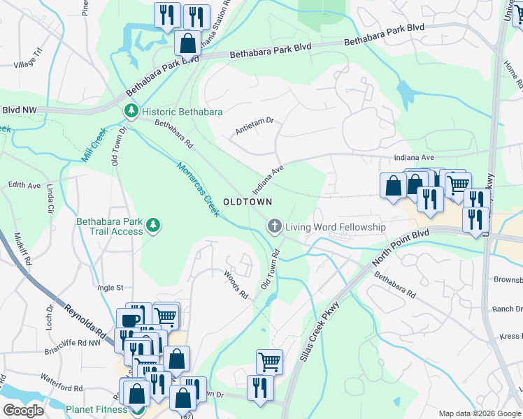 map of restaurants, bars, coffee shops, grocery stores, and more near 5790 Indiana Avenue in Winston-Salem