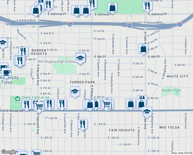 map of restaurants, bars, coffee shops, grocery stores, and more near 505 South Pittsburg Avenue in Tulsa