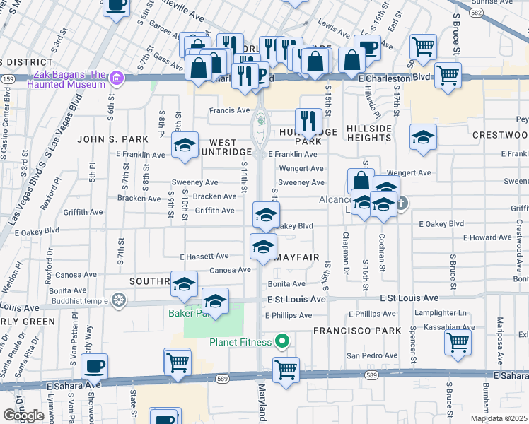 map of restaurants, bars, coffee shops, grocery stores, and more near 1601 South Maryland Parkway in Las Vegas