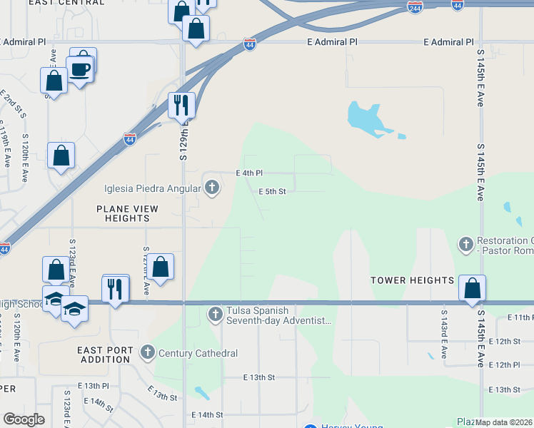 map of restaurants, bars, coffee shops, grocery stores, and more near 524 South 132nd East Avenue in Tulsa