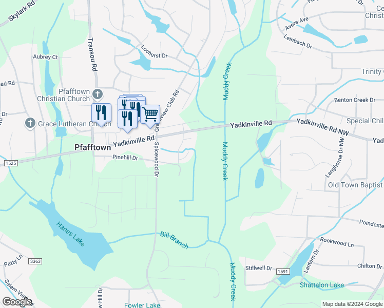map of restaurants, bars, coffee shops, grocery stores, and more near 4255 Lindsey Lane in Winston-Salem