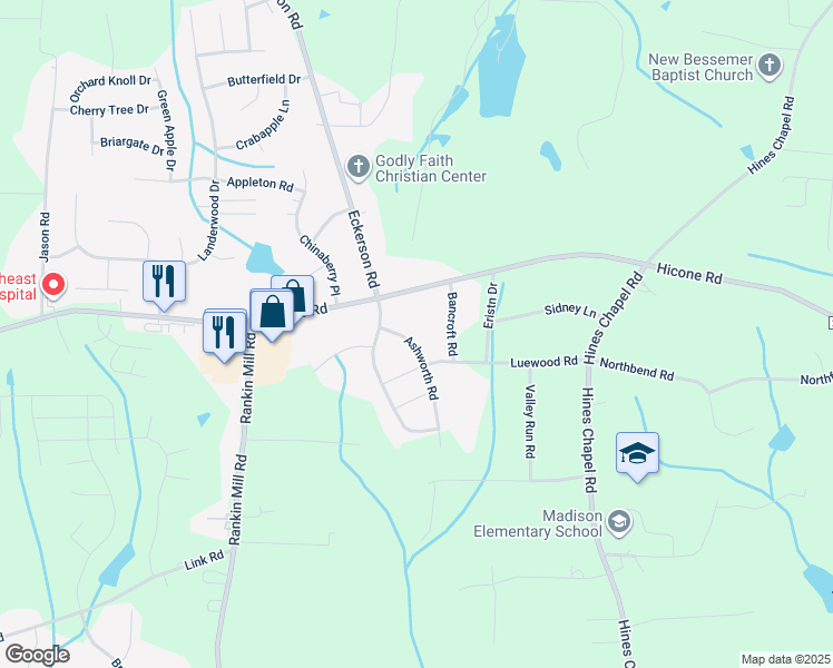 map of restaurants, bars, coffee shops, grocery stores, and more near 5304 Ashworth Road in Greensboro