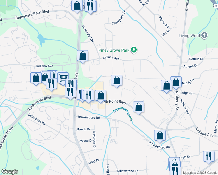 map of restaurants, bars, coffee shops, grocery stores, and more near Grove Garden Drive in Winston-Salem