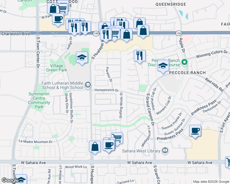 map of restaurants, bars, coffee shops, grocery stores, and more near 9825 Homestretch Drive in Las Vegas
