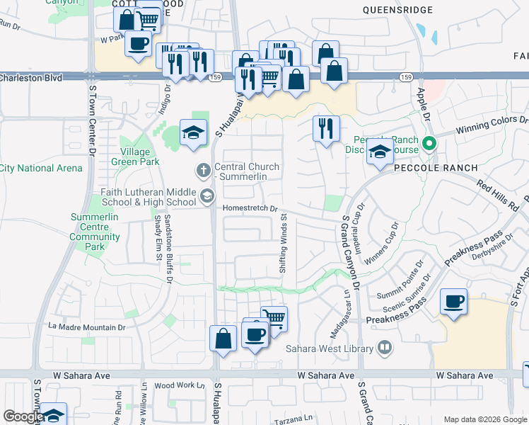 map of restaurants, bars, coffee shops, grocery stores, and more near 9825 Homestretch Drive in Las Vegas