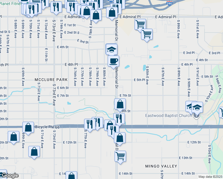 map of restaurants, bars, coffee shops, grocery stores, and more near 554 South Memorial Drive in Tulsa