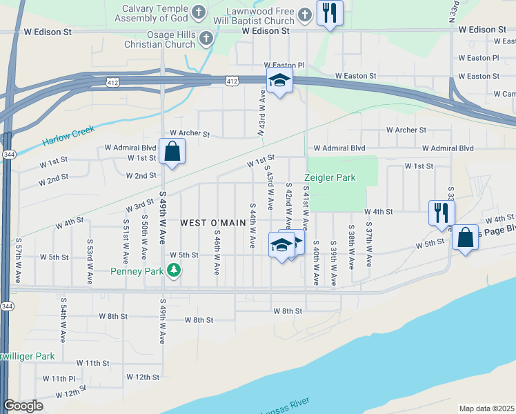 map of restaurants, bars, coffee shops, grocery stores, and more near 314 South 44th West Avenue in Tulsa