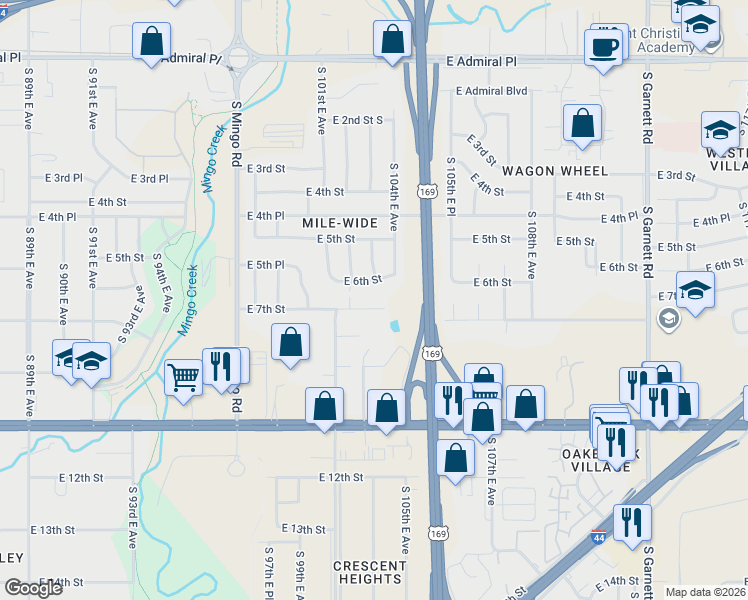 map of restaurants, bars, coffee shops, grocery stores, and more near 10207 East 6th Street in Tulsa