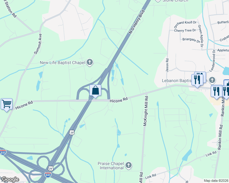 map of restaurants, bars, coffee shops, grocery stores, and more near 4309 Hicone Road in Greensboro