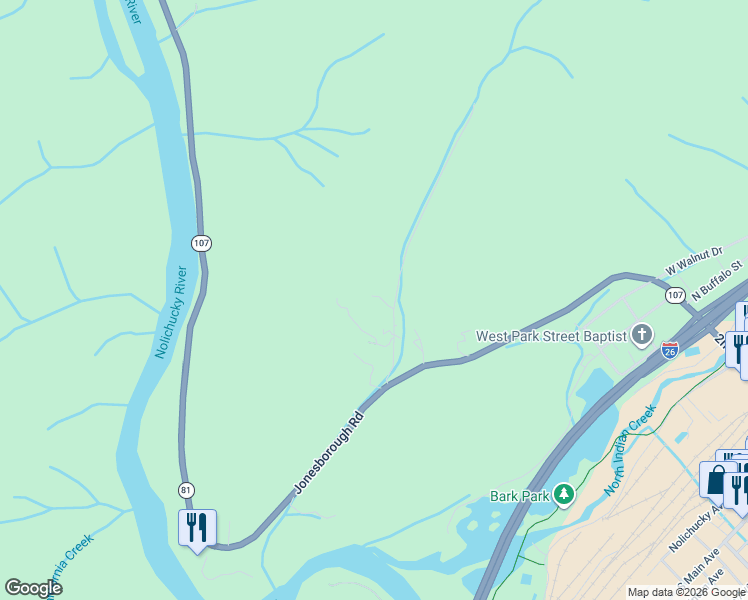 map of restaurants, bars, coffee shops, grocery stores, and more near 194-409 Canah Hollow Rd in Erwin