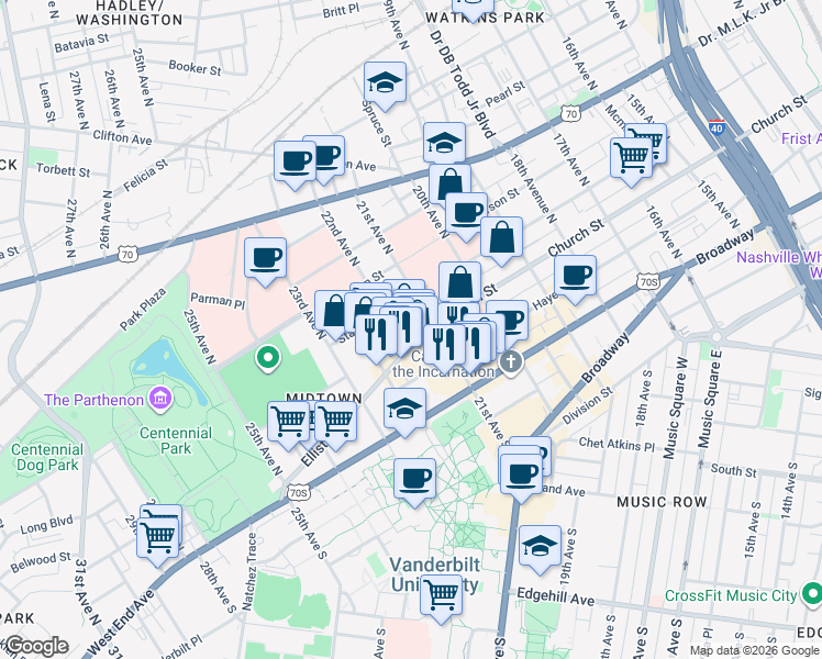 map of restaurants, bars, coffee shops, grocery stores, and more near 2110 Elliston Place in Nashville