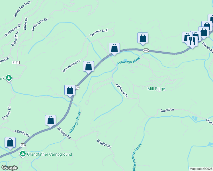 map of restaurants, bars, coffee shops, grocery stores, and more near 405 Sleepy Hollow Lane in Banner Elk