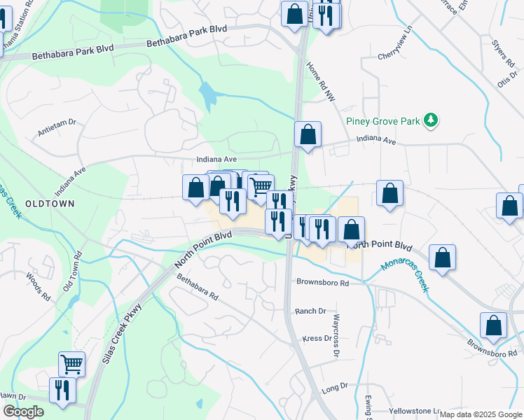 map of restaurants, bars, coffee shops, grocery stores, and more near 7760 North Point Boulevard in Winston-Salem