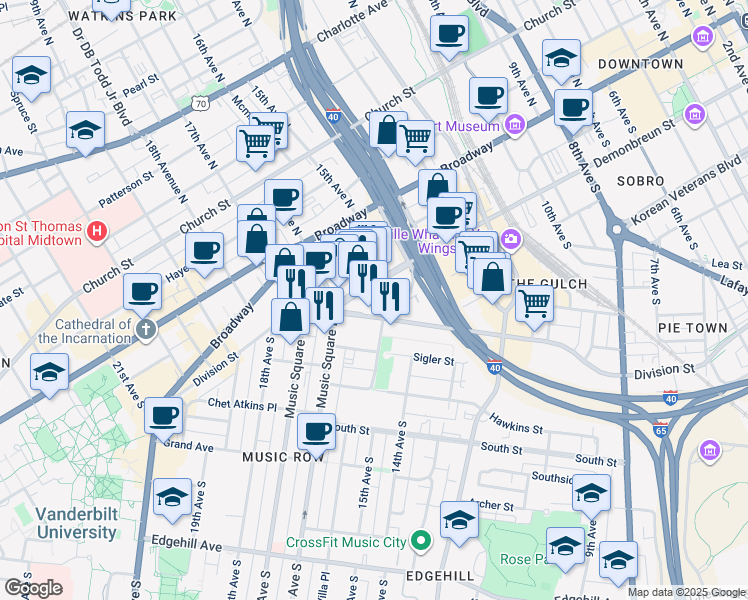 map of restaurants, bars, coffee shops, grocery stores, and more near in Nashville