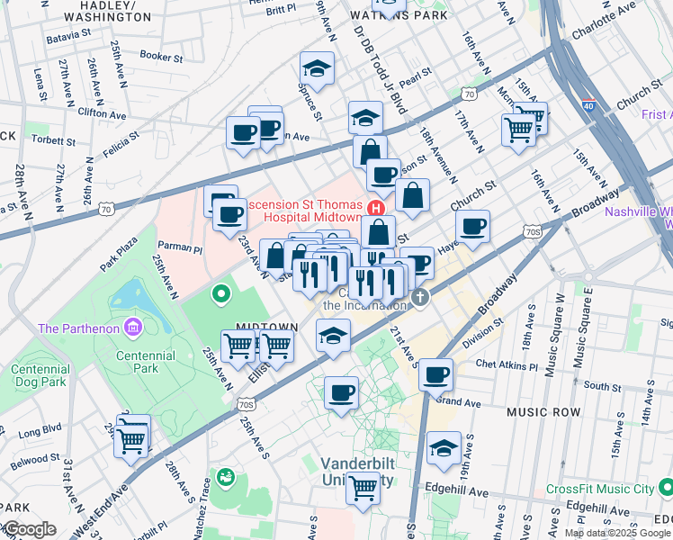map of restaurants, bars, coffee shops, grocery stores, and more near 2110 Elliston Place in Nashville