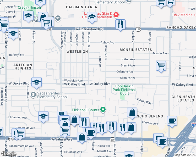 map of restaurants, bars, coffee shops, grocery stores, and more near 1600 Eaton Drive in Las Vegas