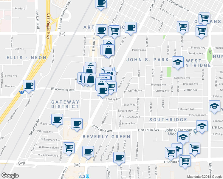 map of restaurants, bars, coffee shops, grocery stores, and more near 1531 Las Vegas Blvd S in Las Vegas