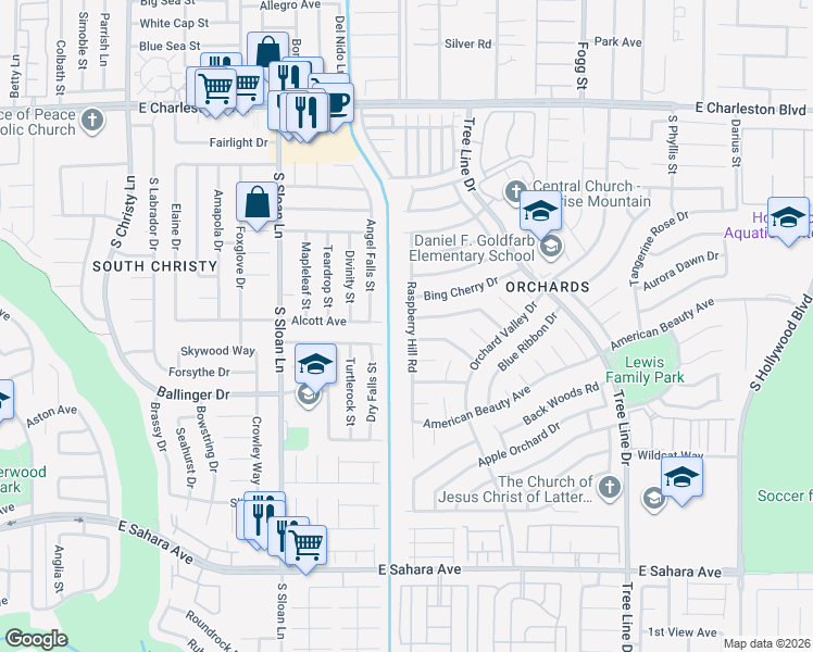 map of restaurants, bars, coffee shops, grocery stores, and more near 1711 Raspberry Hill Road in Las Vegas