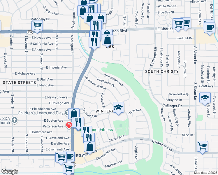 map of restaurants, bars, coffee shops, grocery stores, and more near 5241 Sandstone Drive in Las Vegas