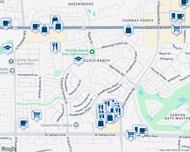 map of restaurants, bars, coffee shops, grocery stores, and more near 1609 Windsford Circle in Las Vegas