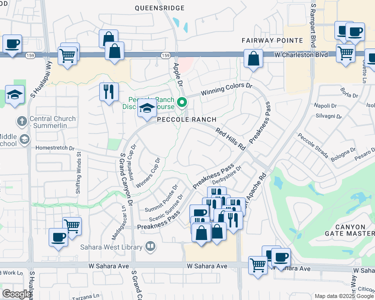 map of restaurants, bars, coffee shops, grocery stores, and more near 1609 Windsford Circle in Las Vegas
