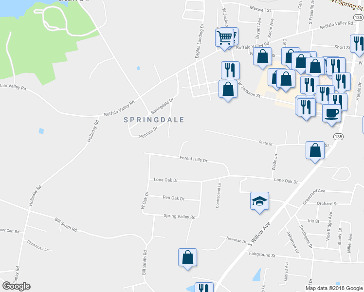 map of restaurants, bars, coffee shops, grocery stores, and more near 619 Bradford Trce in Cookeville