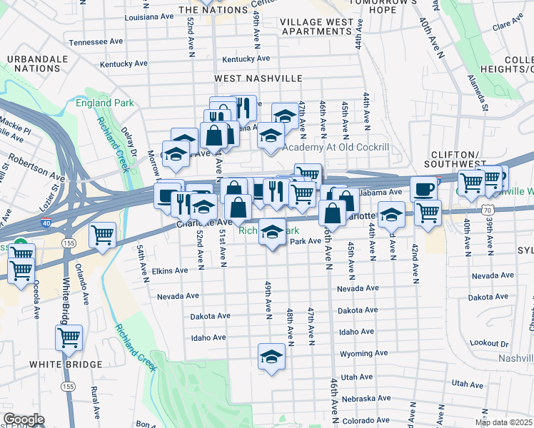map of restaurants, bars, coffee shops, grocery stores, and more near 4822 Charlotte Avenue in Nashville